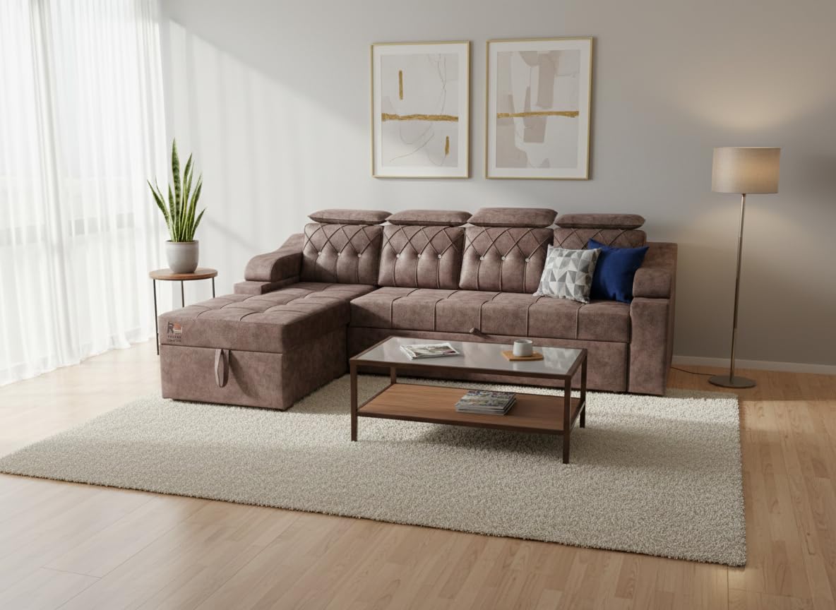 Roshan Furniture Premium Dark Brown Fabric L-Shape Sofa Cum Bed with Storage | LHS Modern Convertible Sofa Set for Living Room
