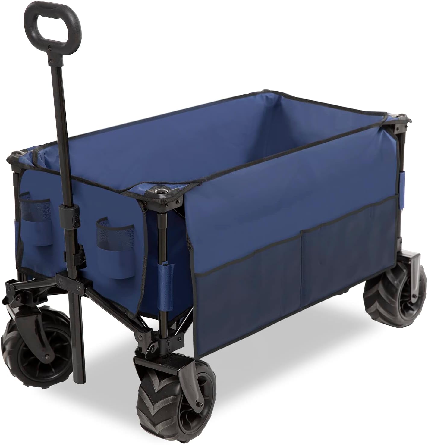 Usinso Collapsible Folding Outdoor Utility Wagon Heavy Duty Foldable Cart with Cooler Bag & Side Bags Big Wheels for Sand Beach Garden Navy
