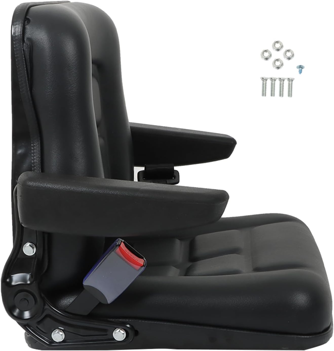 munirater Universal Fold Down Forklift Seat with Seatbelt Armrest and Slide Replacement for Excavator Skid Loader Backhoe Dozer Telehandler