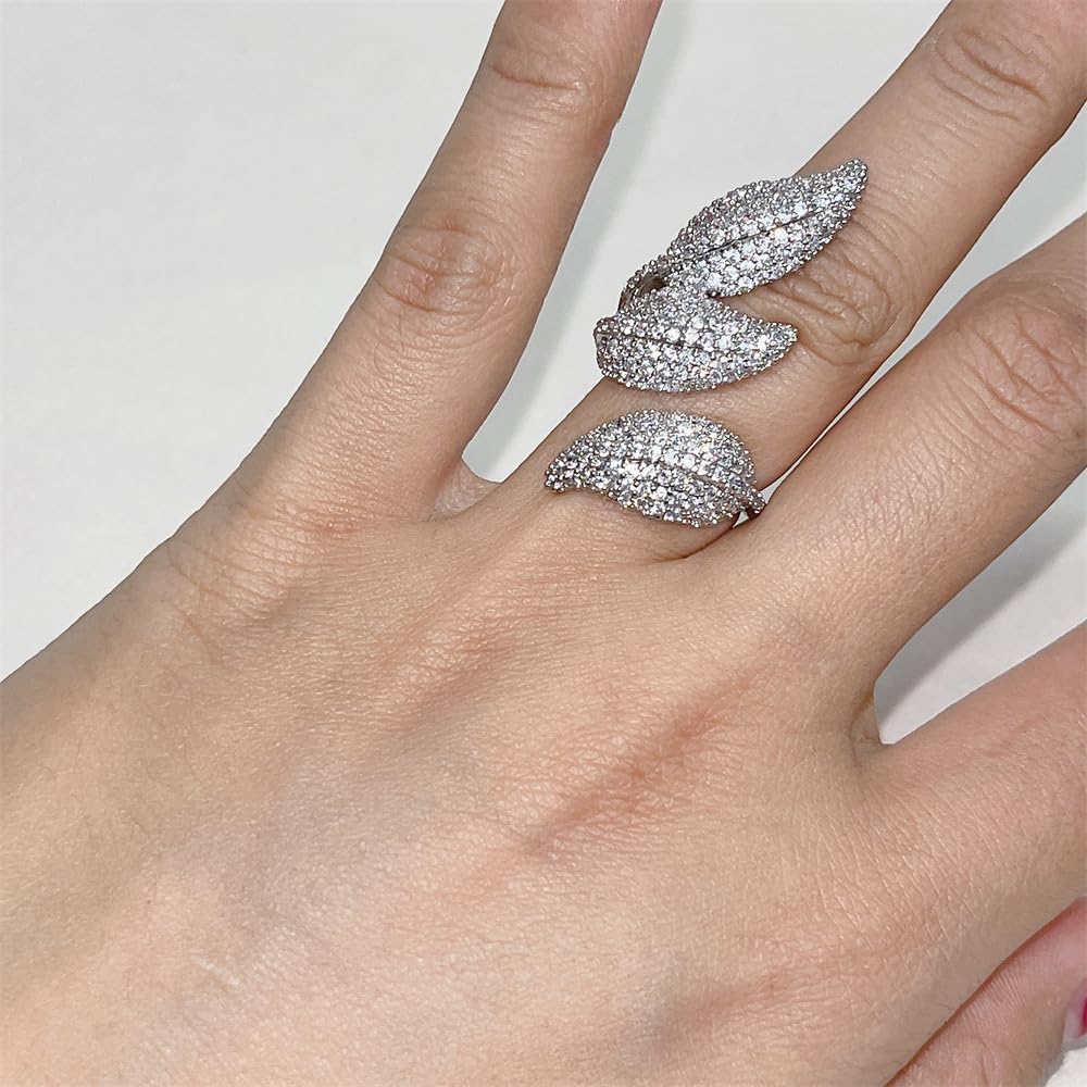 Kokoma Sparkly Rhinestone Leaf Wrap Open Band Rings for Women Cubic Zirconia Geometry Flower Leaves Layered Climber Finger Bands Statement Ring Dainty Jewelry Adjustable - Image 2