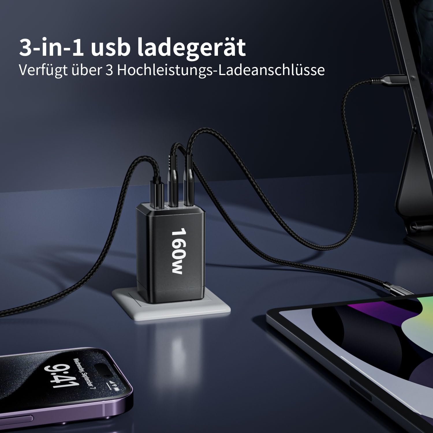 HSSNS Ładowarka USB C 160 W: 3-portowa ładowarka PPS, zasilacz GaN USB C do MacBook Pro/Air, iPad, iPhone 16/15/14