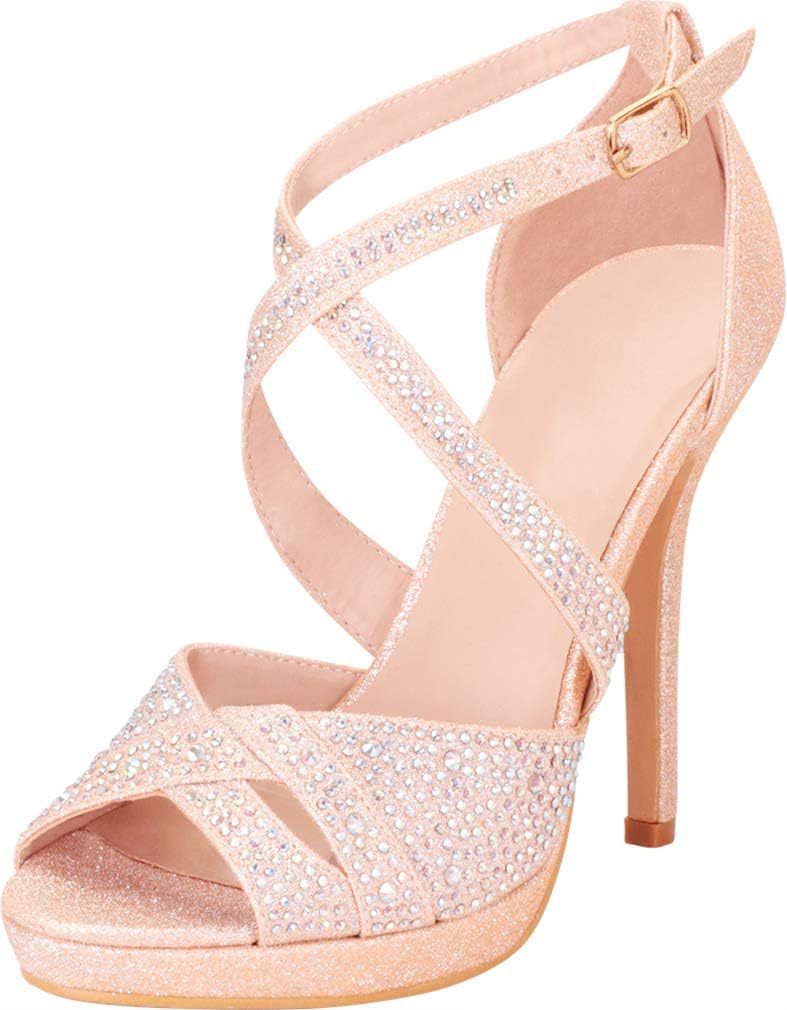 Cambridge Select Women's Peep Toe Crisscross Strappy Crystal Rhinestone Platform Stiletto High Heel Sandal,6 B(M) US,Champagne Glitter