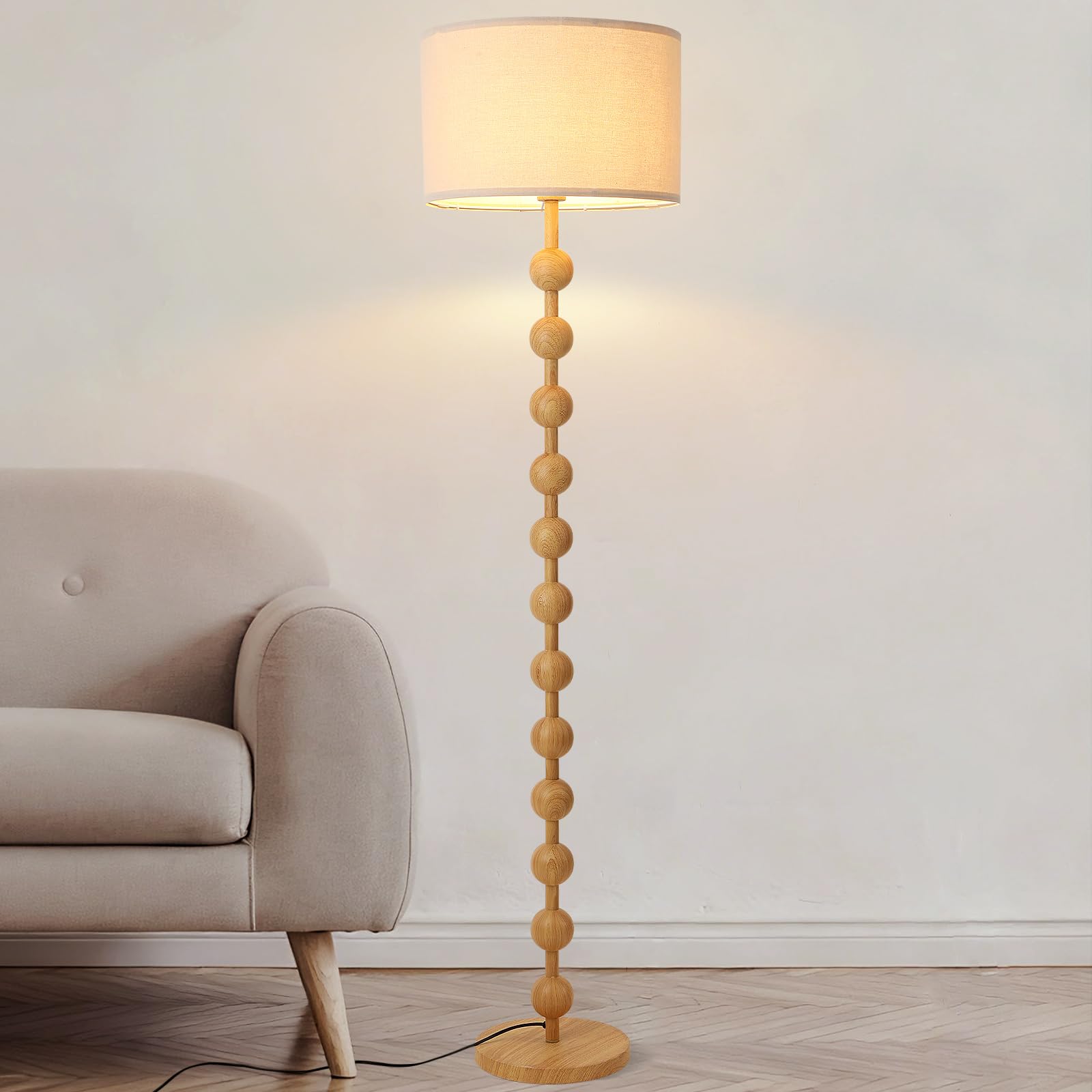 Lámpara de pie de madera con pantalla de tela beige