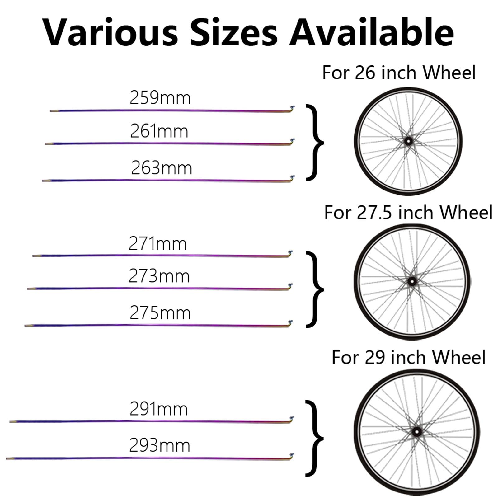 YLME 14G Fahrrad Speichen, 36 Stück Galvanisierte Regenbogen-Fahrradspeichen, Fahrradspeichen Aus 304Er Edelstahl Mit Nippeln Für 26", 27,5", 29" Räder MTB Und Rennräder