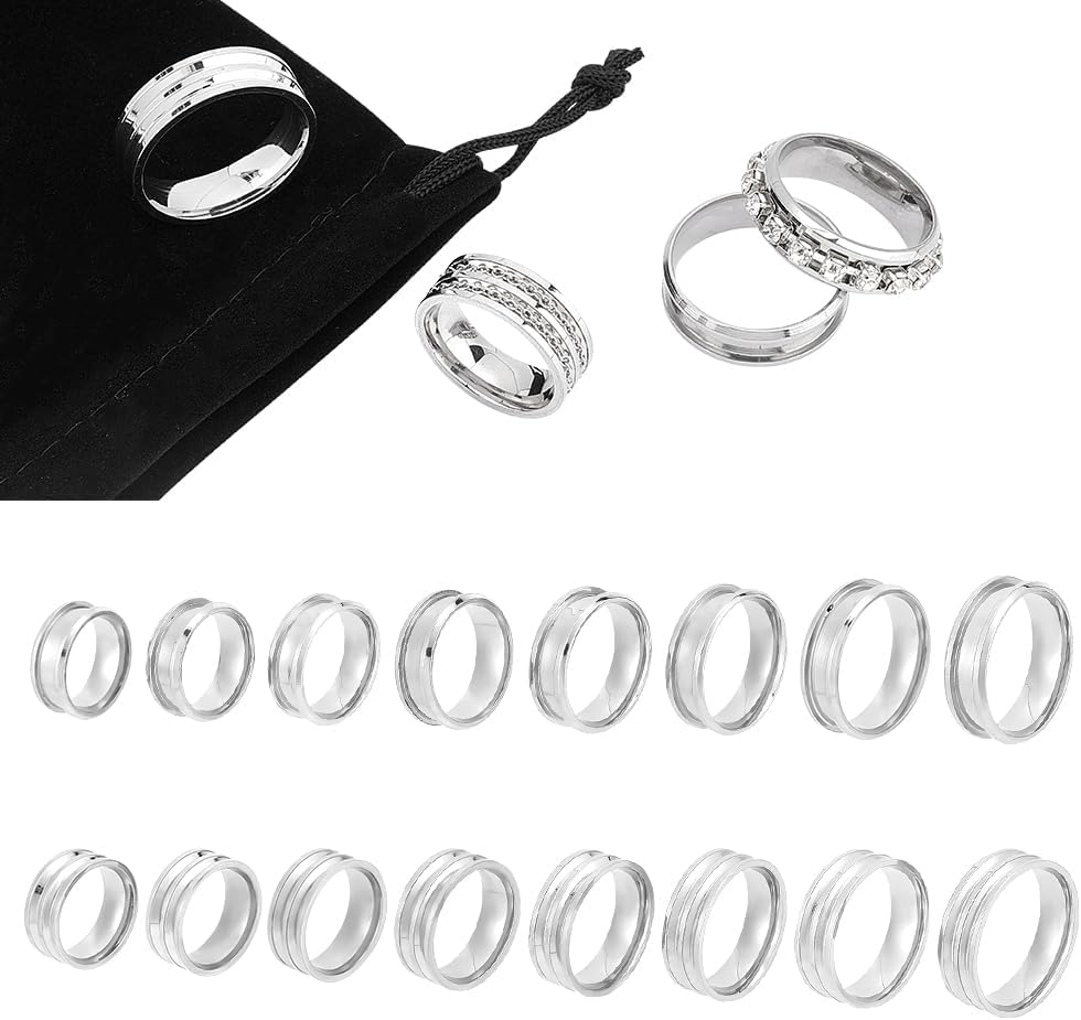 UNICRAFTALE16pcs 2 Styles Blank Core Ring 8 Sizes Stainless Steel Single and Double Grooved Ring with Velvet Pouches Round Blank Ring for Inlay Ring Jewelry Making Gift Stainless Steel Color