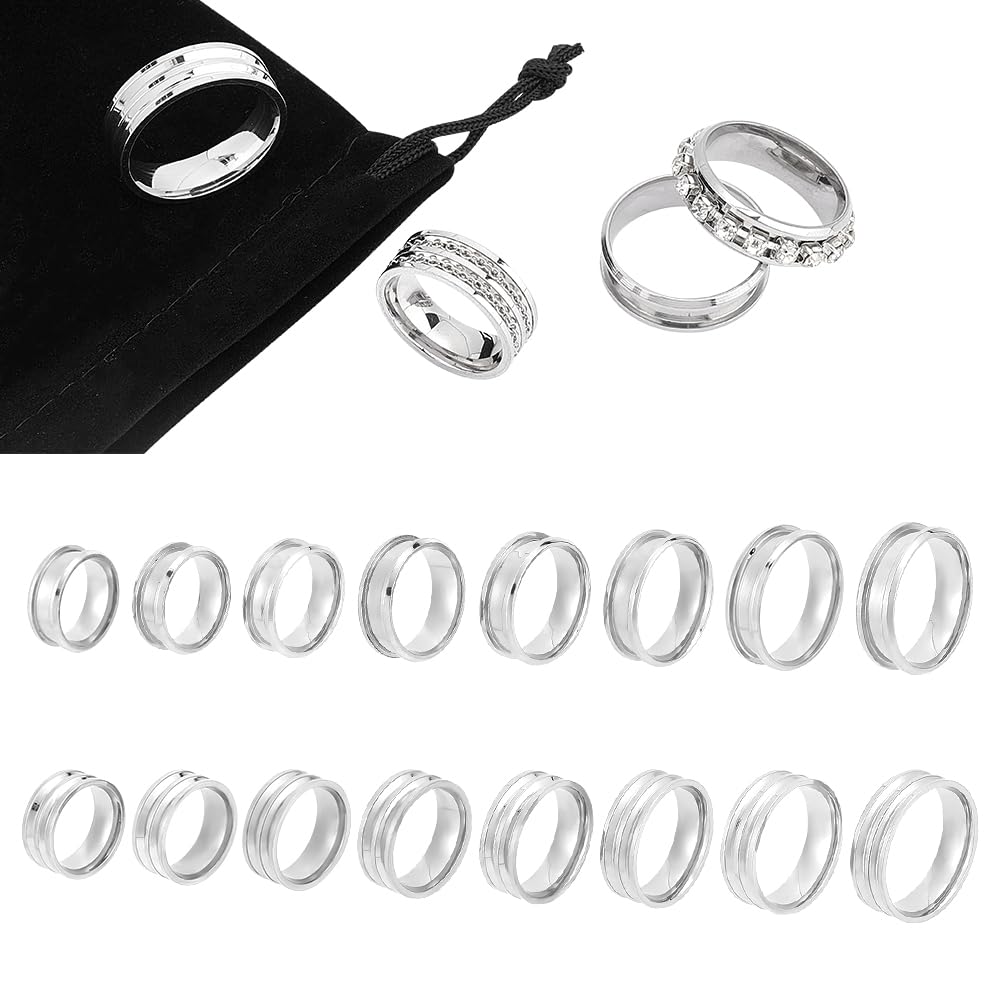 UNICRAFTALE16pcs 2 Styles Blank Core Ring 8 Sizes Stainless Steel Single and Double Grooved Ring with Velvet Pouches Round Blank Ring for Inlay Ring Jewelry Making Gift Stainless Steel Color