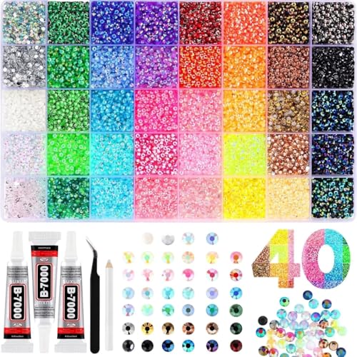 Bedazzling Kit 32 000pcs Resin Jelly Rhinestones 3mm Flatback 40 Colors DIY Craft Set with 3 Glues Pickup Pen & Tweezers for Nail Art Tumblers Shoes & Clothing Decoration