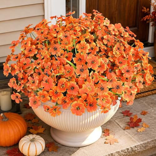 Image of AmyHomie 20 PCS Artificial Fall Flowers for Outdoors, Orange Fake Mums