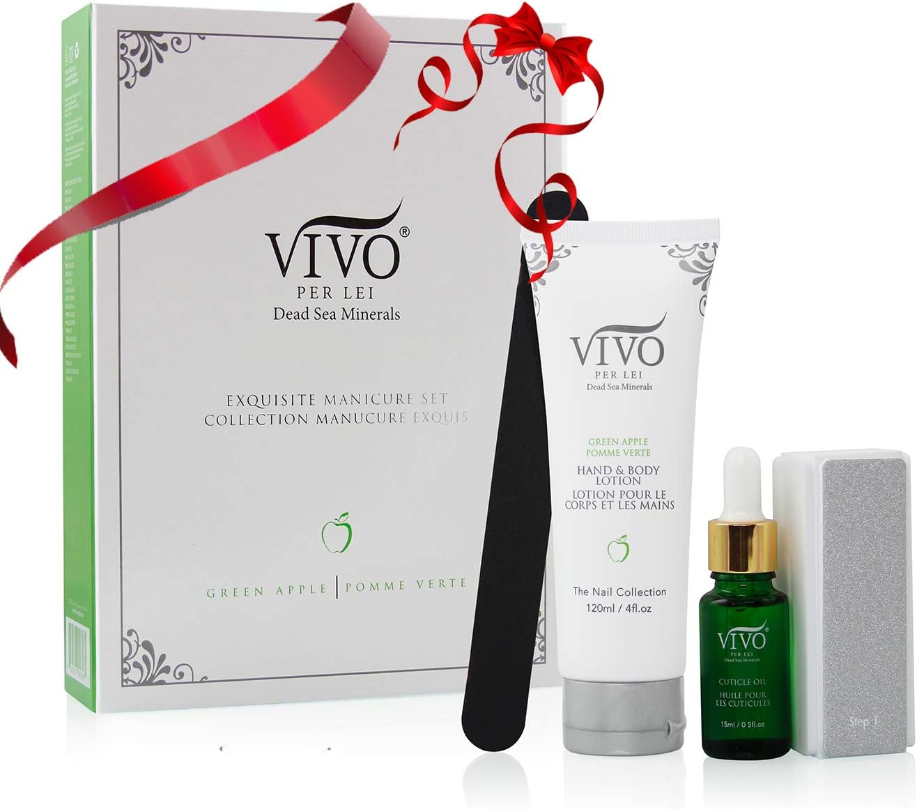Vivo Per Lei Nail Buffer Set - Dead Sea Nail Buffer and Shine Kit for Salon Quality Manicure - Nail Filing Kit with 3-Step Buffer, Cuticle Oil, Hand Lotion - Manicure Set for Classy Nails