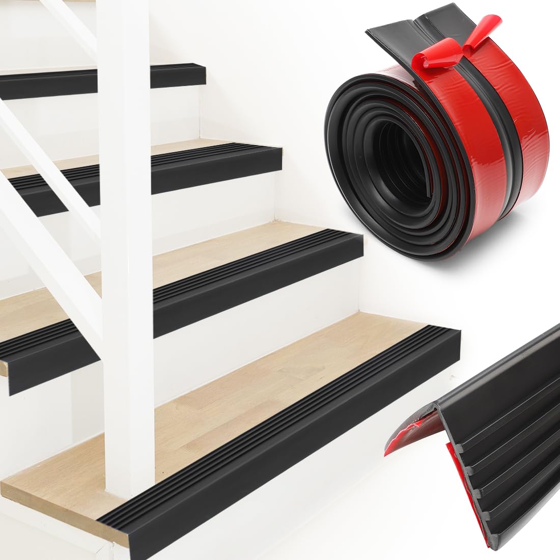 Protector antideslizante para bordes de escaleras, perfil autoadhesivo, antideslizante para exteriores e interiores (negro, 4 m)