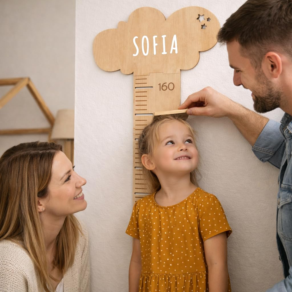 nagu® Toise murale enfant pour Decoration chambre bebe. Toise bois avec lettres autocollantes à personnaliser avec votre nom. Mesure taille