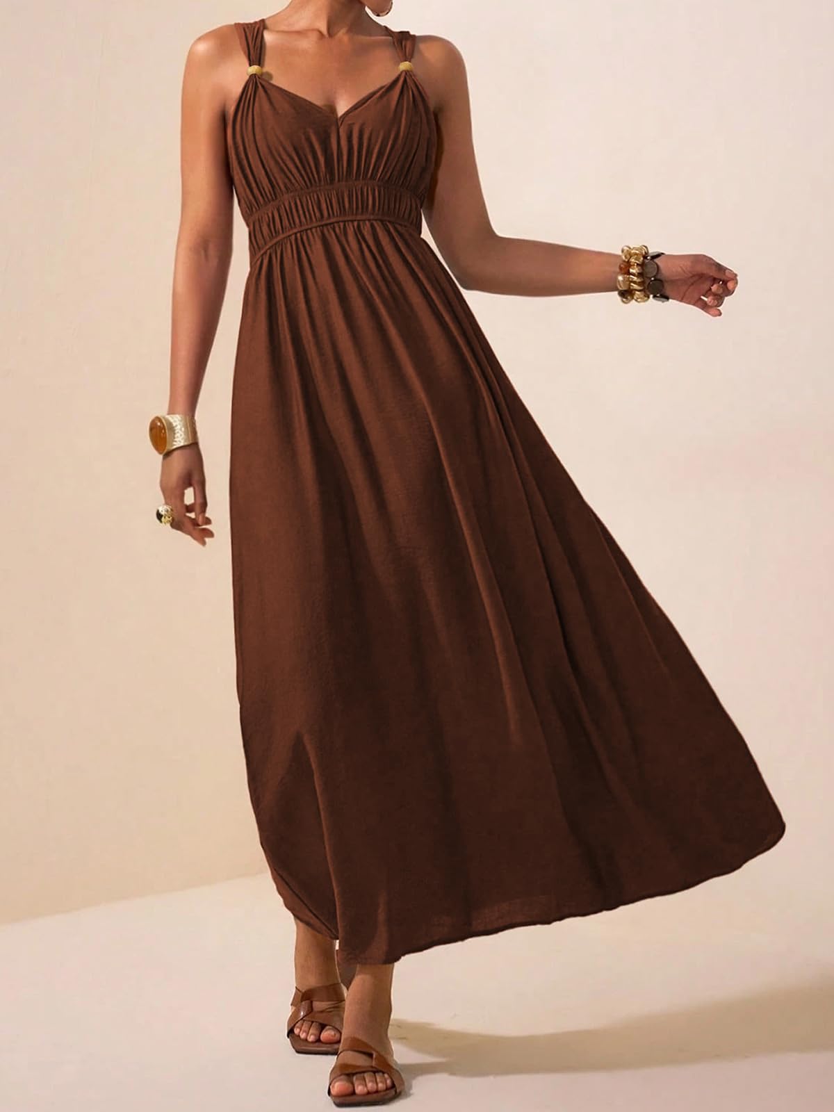 LIAMERHE Damen Maxikleid Elegant V-Ausschnitt Boho A-Linie Taille Haute