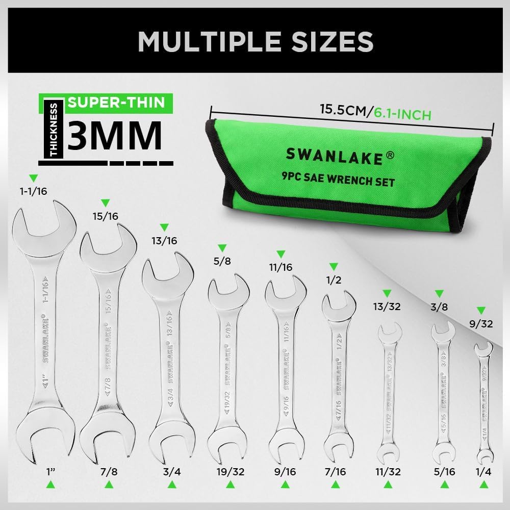 SWANLAKE 19Pcs Super-Thin Open End Spanner Set including Rolling Pouch, Carbon Steel SAE & Metric - Image 3