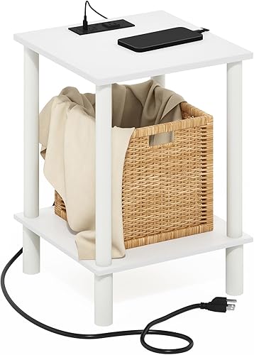 Furinno Turn-N-Tube - Mesa auxiliar de 2 niveles, mesa auxiliar con puerto de carga USB y tipo C, blancoblanco