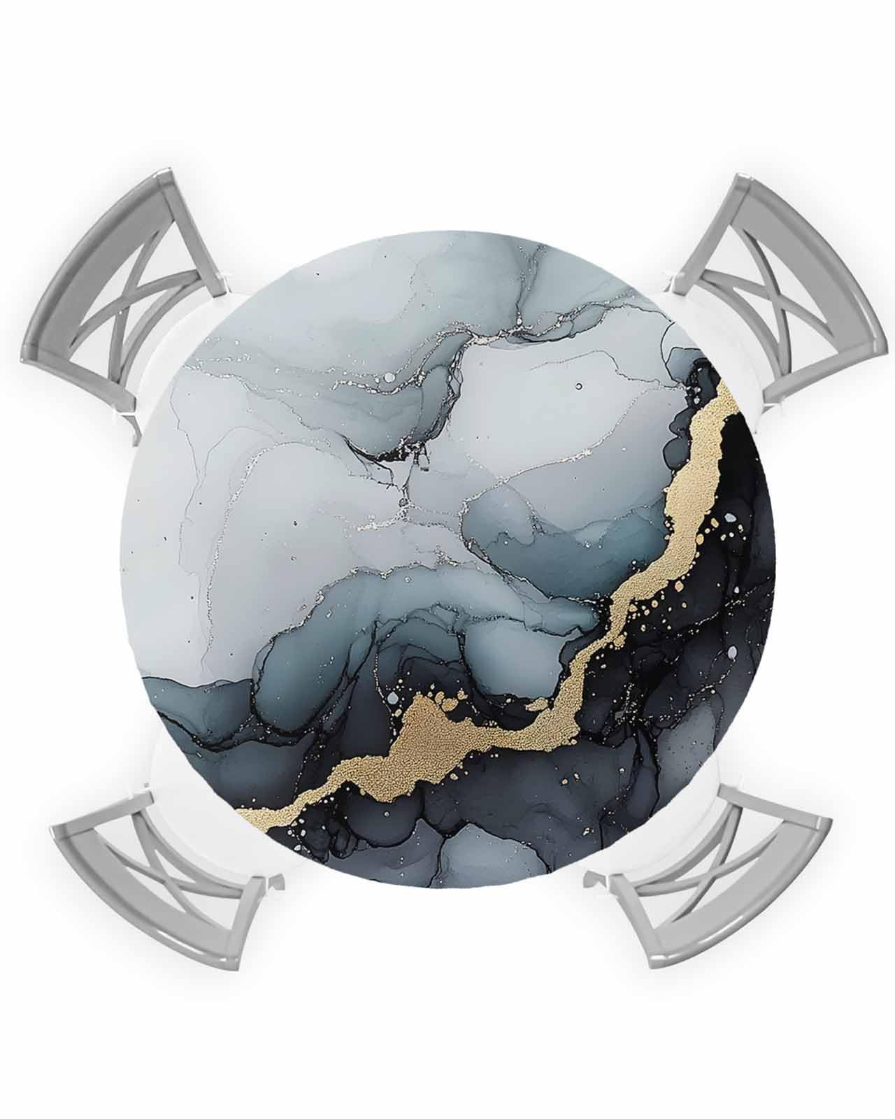 AYTTBIS Black Marble Round Fitted Tablecloth with Elastic,Waterproof Oil Proof Table Cover,36-44 Round Spring Fitted Tablecloth for Tables Dinner,