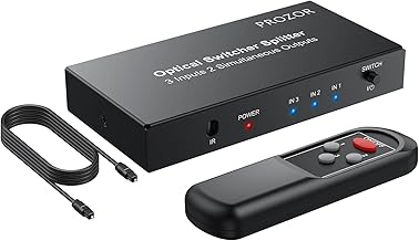 PROZOR Switch Optique Audio 3x2 Commutateur Audio Toslink SPDIF Fibre Optique Numérique avec Télécommande Switch Splitter Audio Support LPCM 2.0 DTS Dolby-AC3 avec Câble Optique pour Télé DVD