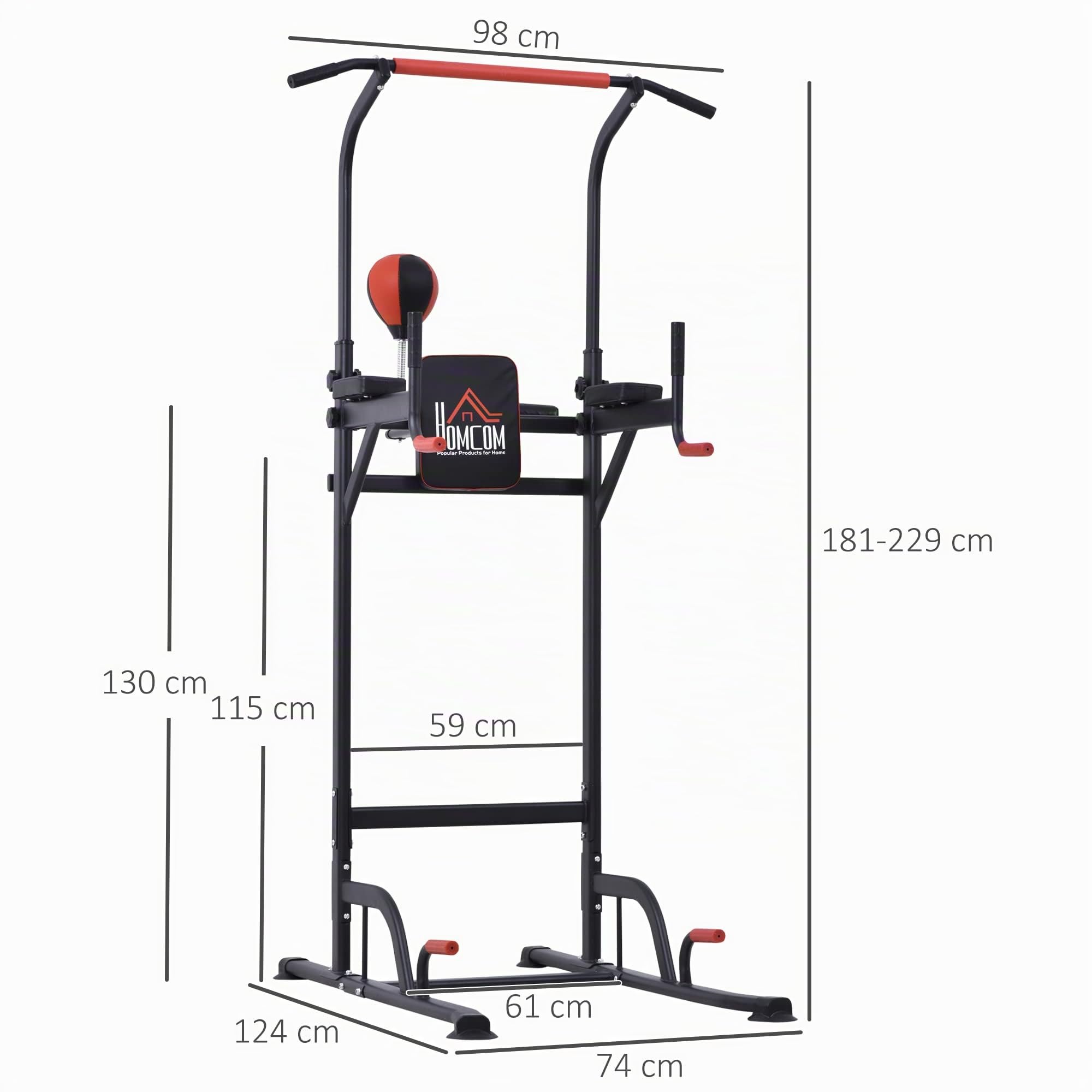 HOMCOM Station de Traction Musculation Multifonctions Punching Ball Chaise Romaine Hauteur réglable Acier Noir Rouge