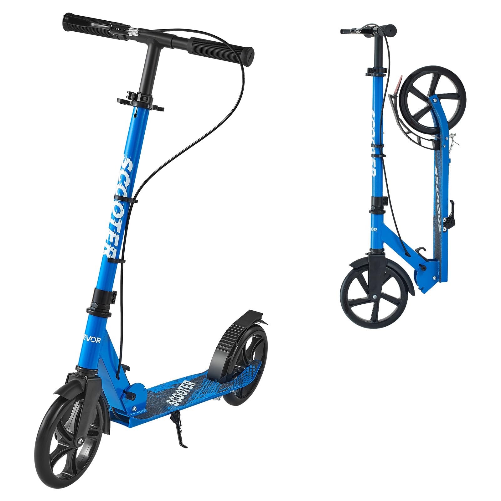 VEVOR Patinete a Niños a Partir de 8 Años, 2 Ruedas, con Manillar Regulable en Altura y Base Antideslizante, Freno Mano, Marco de Aleación Aluminio, hasta 100 kg, Negro Azul, 900 x 380 x 1000 mm