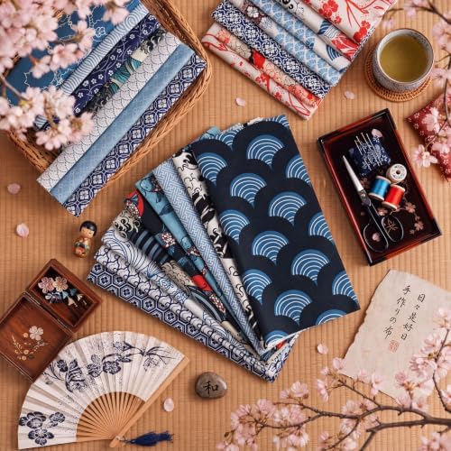 Tatuo 30 Pcs Japanese Cotton Fabric Squares 10 x 10 Inch Cotton Quilting Bundle, Quarter Assorted Traditional Japanese Patterns Fat Fabric for Sewing, Patchwork, Quilting, DIY Crafts