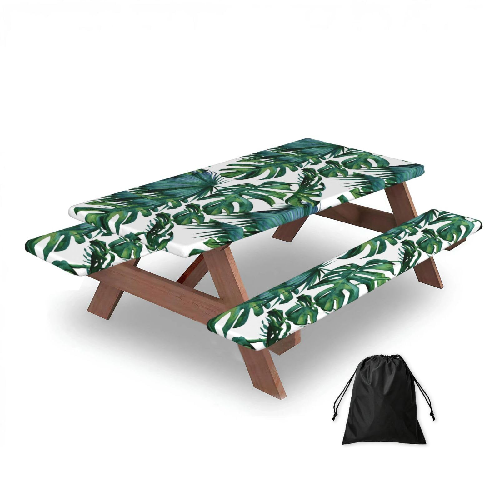 Dopklna As Picture Tropical Palm Leaves, Picnic Table Cover With Bench Covers -Waterproof Elastic Fitted Tablecloth For Garden Camping Patio 76X152cm