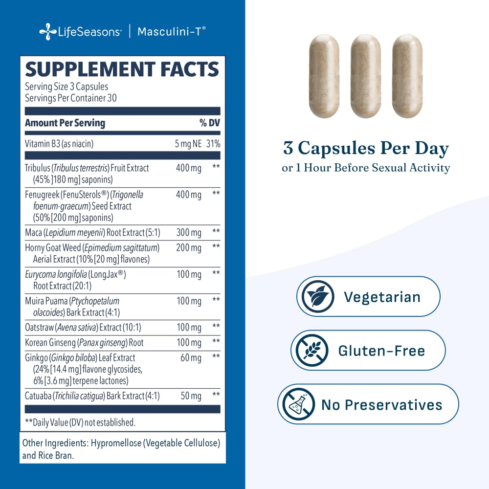 LifeSeasons Masculini-T - Testosterone Support Supplement - Enhances Mental & Physical Aspects of Sexual and Athletic Performance - Supports Normal Erectile Function - Improve Libido - 90 Capsules — Amazon image 5