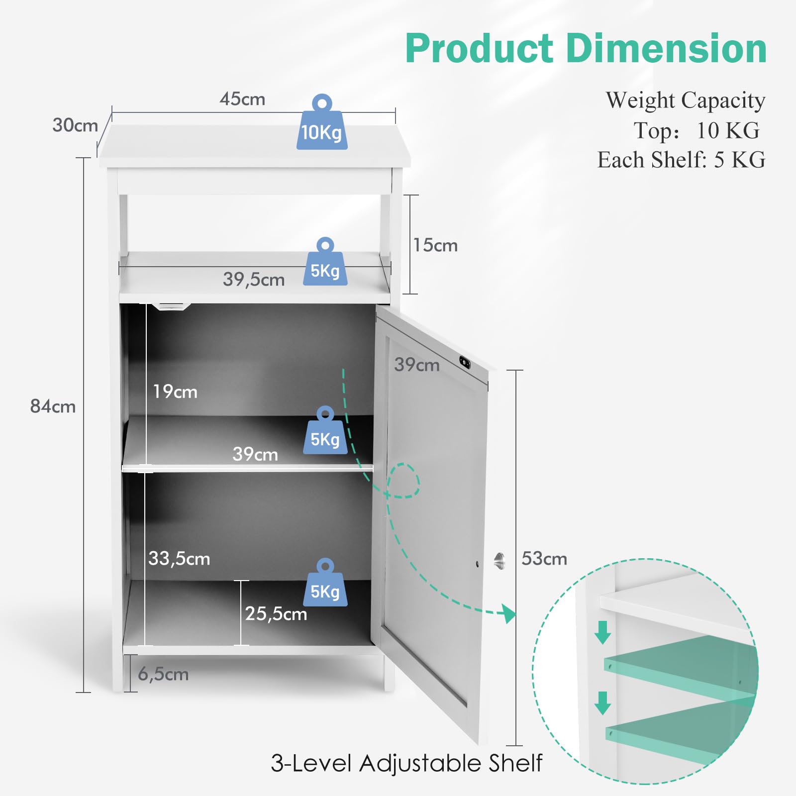 KOMFOTTEU Mobile da Bagno con Ripiano e Armadio a Porta, 45 x 30 x 84 cm, Armadietto da Terra Autoportante in MDF, Armadio d’Archivio per Soggiorno, WC, Camera da Letto, Cucina (Bianco)
