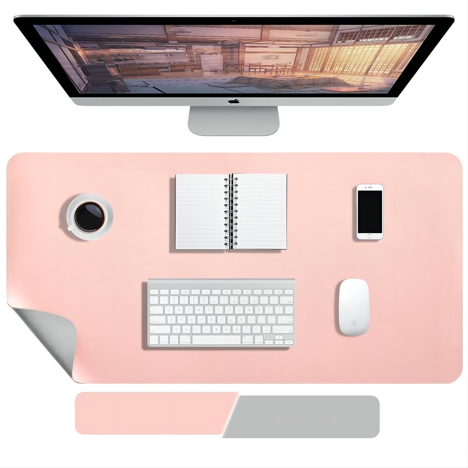 IVEOPPEDesk Pad, 90 x 40 cm, Double-Sided PU Leather Desk Mat, Waterproof Anti-Fouling, for Office and Home (Pink, Light Grey)