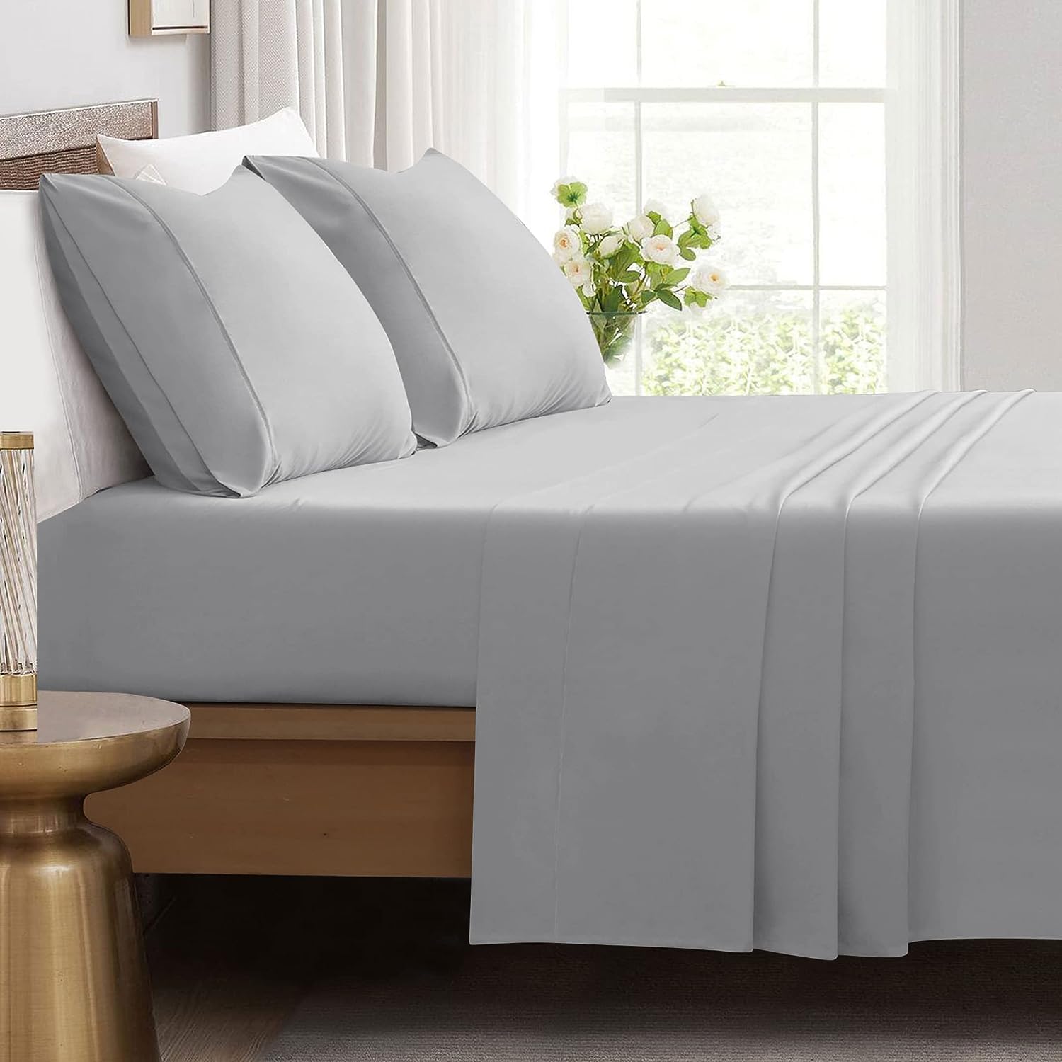 AmigoZone King Fitted Sheet - Soft Brushed Microfiber Easy Care - Fade Wrinkle Resitant Fitted Bed Sheet (Gray, King) - Image 2