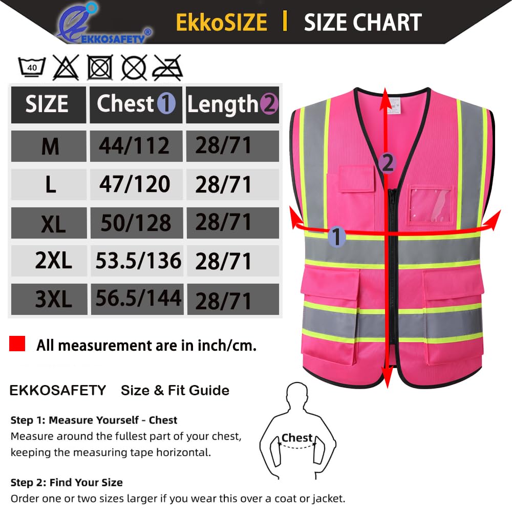 Ekkosafety Construction Vest Pink,5 Pockets Reflective