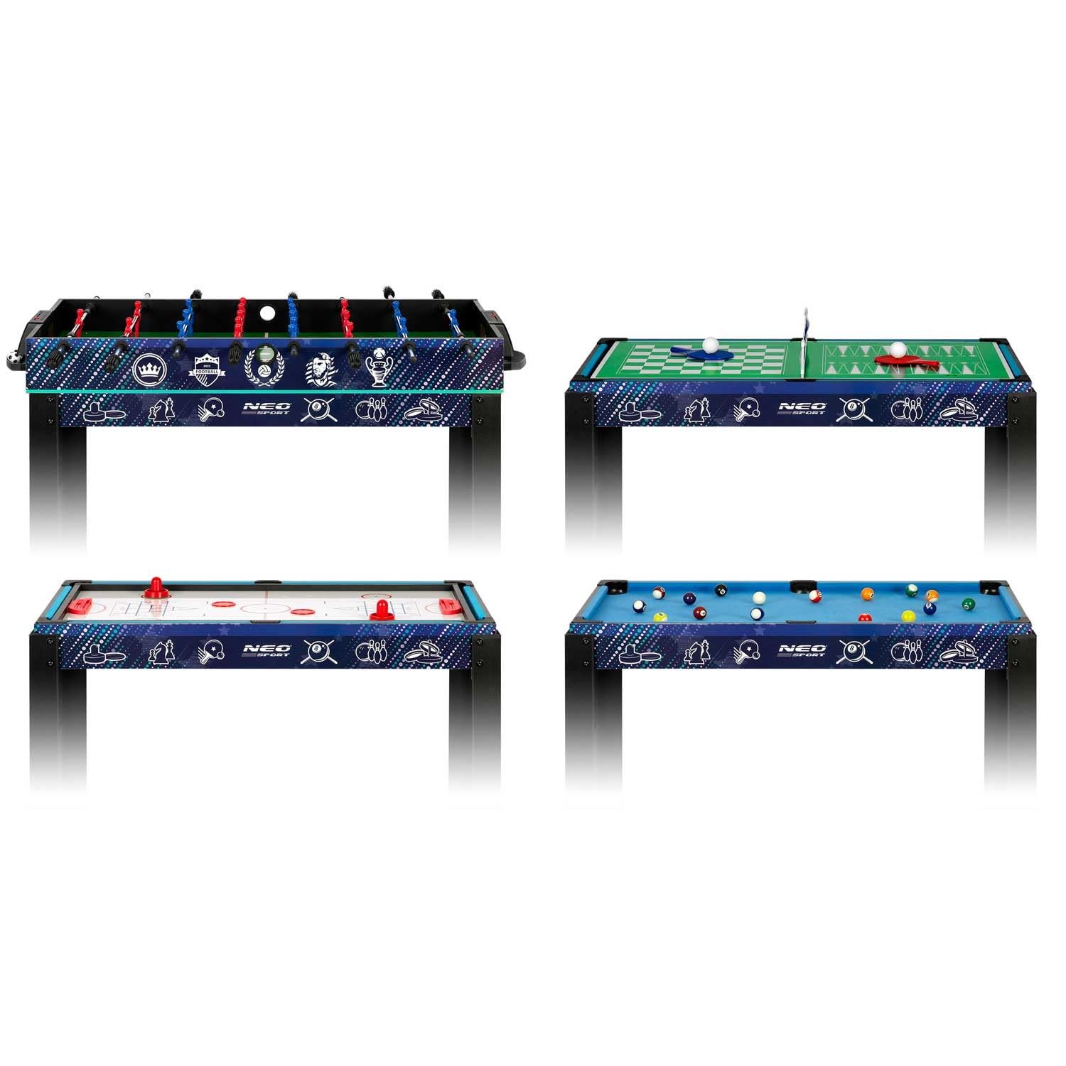 Neo-Sport Multi Spieltisch 12in1, Tischfußball, Tischflagge, Cimberg, Billard, Kontrolle, Bowling, Schach, Karten, 106 x 59 x 90 cm