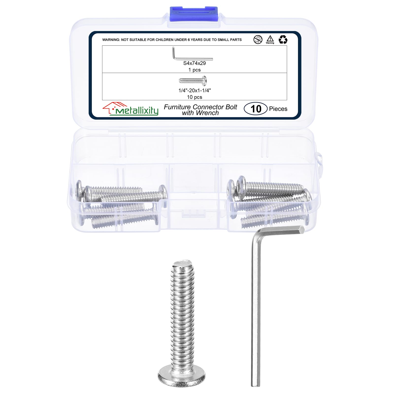 METALLIXITY Flat Head Hex Socket Cap Screws Bolts(1/4"-20x1-1/4") 10Pcs, with Wrench Steel Hex Socket Furniture Bolts Screws