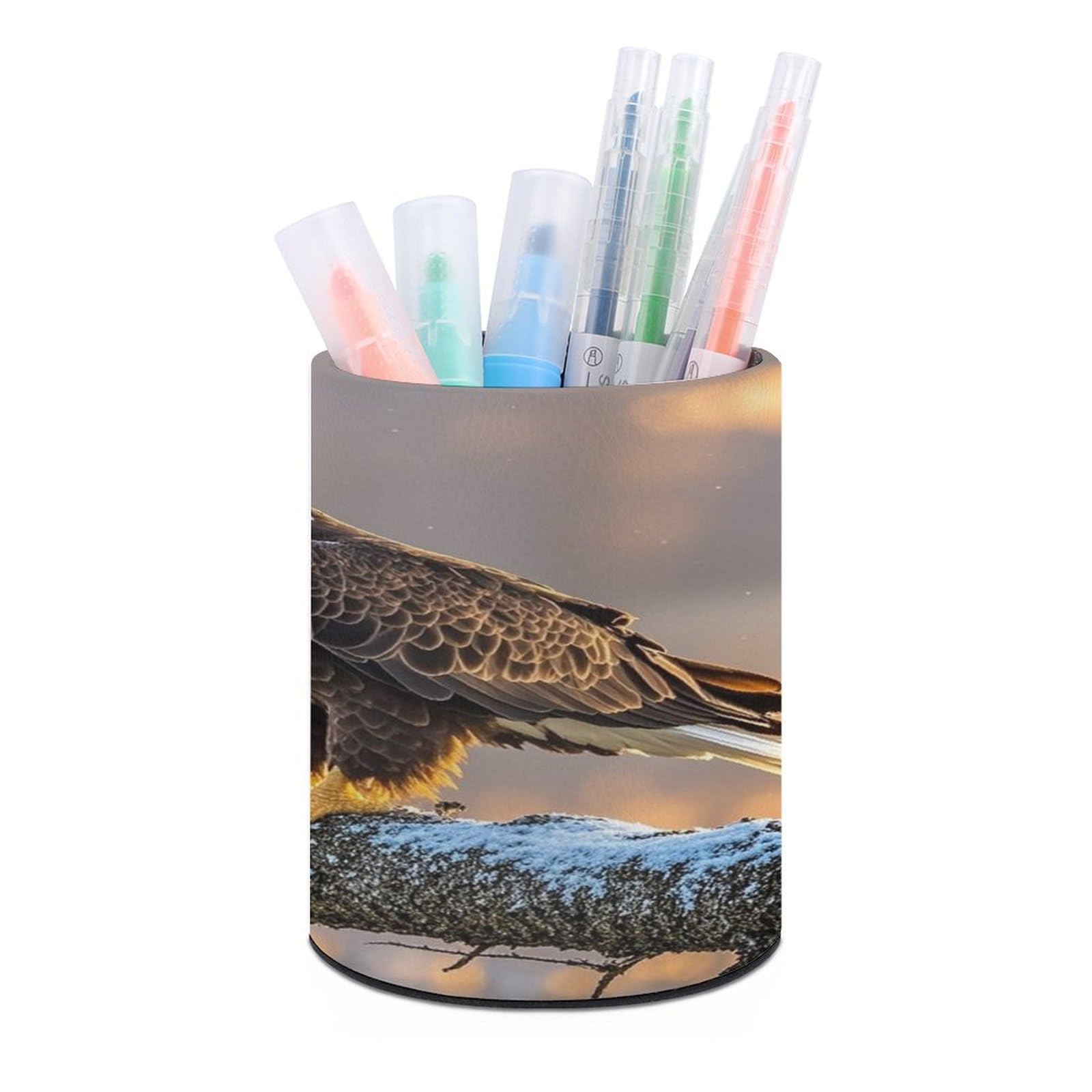 FekiLoot Round Golden Sunset Bald Eagle Pen Holder for Desk PU Leather Waterproof Pencil Cup Stand Minimalist Makeup Brush Storage Organizer Desktop Stationery Container Accessorires