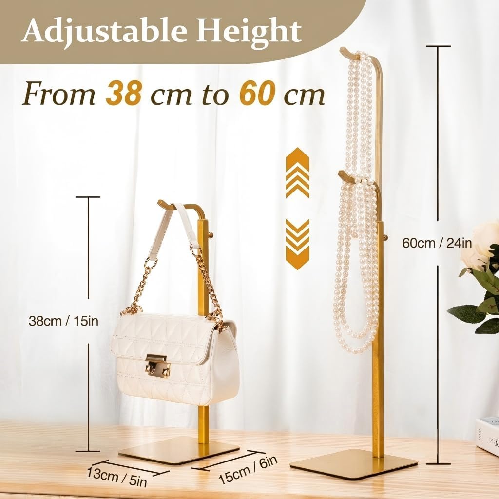 Josmimic 4 piezas de soporte para bolsos en dorado – Soporte ajustable en altura de metal - Soporte para bolsos, joyas y accesorios – Organizador de bolsos estable para armario y mostrador