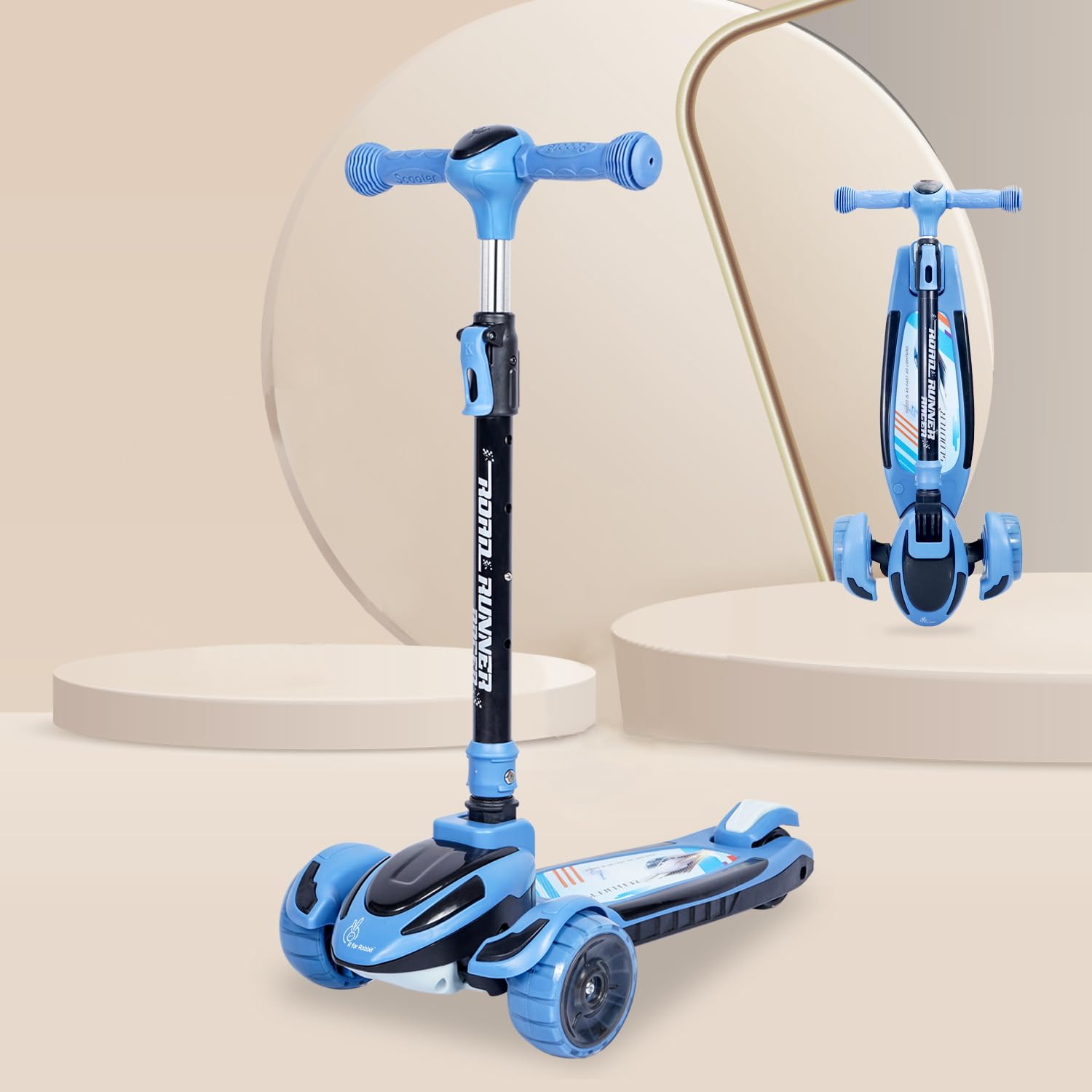 R for Rabbit Road Runner Racer Scooter for Kids of 3+ Years Age, 4 Level Height Adjustment Scooter for Kidswar, PU LED Wheels & Weight Capacity Upto 75 kgs Kick Scooter(Blue Black)