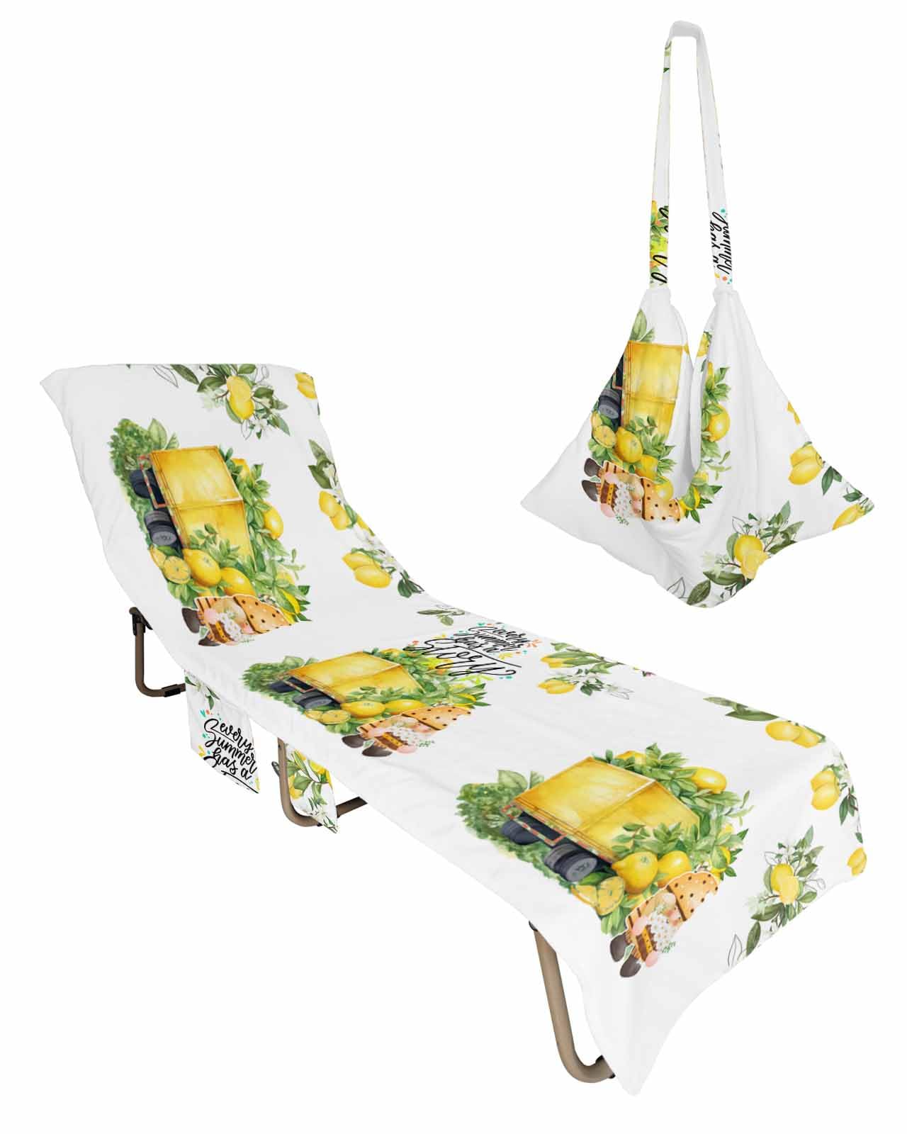 Summer Lemon Beach Chair Towel Covers for Chaise Lounge with Side Pocket, Soft Plush Pool Towels Cover for Patio Sunbathing Outdoor 29''x85'' Spring Summer Fruit Gnomes Yellow White