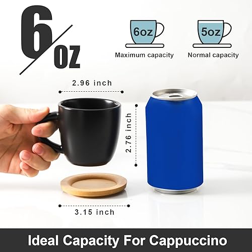 Miniatura 2 de Hasense Juego de tazas y platillos de porcelana para capuchino de 6 a 6 onzas Demitasse Espresso con asa, perfectas para café con leche, café moca,