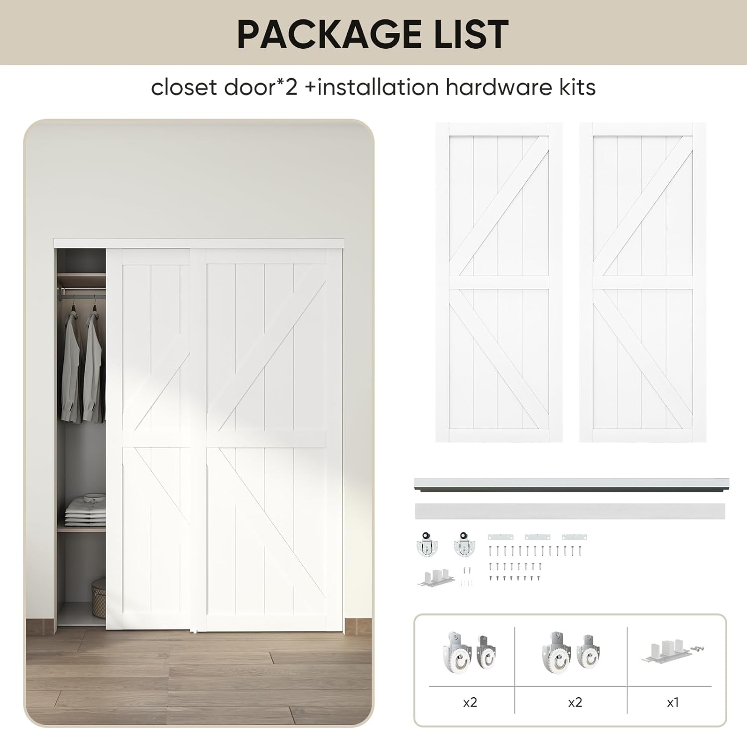 JUBEST 60"(Double 31") x80" Sliding Closet Door, K Style Bypass Closet Door with Hardware Kit & Matching Fascia, Preassembled Solid Wood Slab with Water-Proof PVC Surface, Easy to Install, White