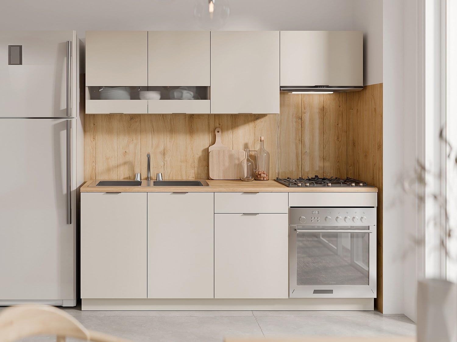 Vente-unique - Cocina Completa - con encimera de 200 cm - Beige y Natural - CARMEO