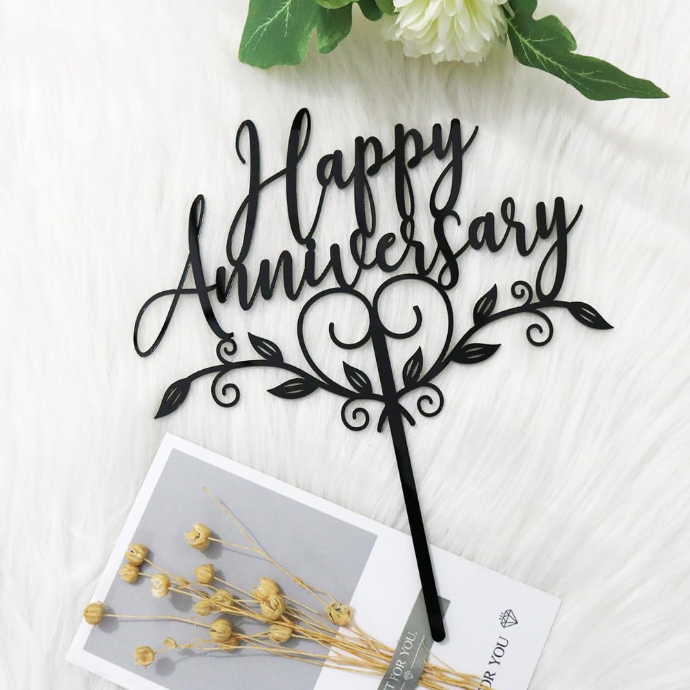 Sodasos Glitter Happy Anniversary Cake Topper,Wedding Anniversary Cake Toppers, Happy Anniversary Party Decorating supplies (black Acrylic)