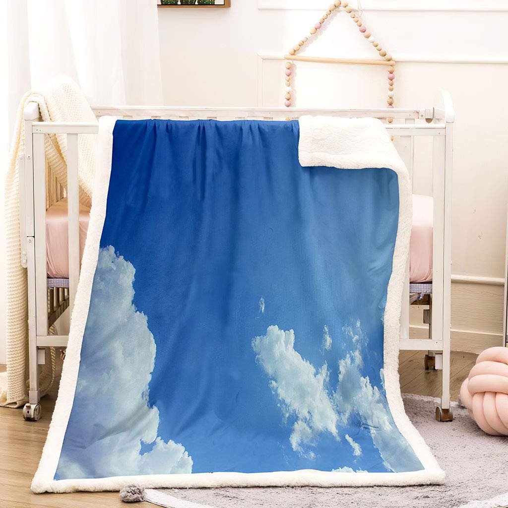 Manta De Franela De Microfibra 180X220Cm Manta De Felpa Suave Para Sofá Cama 3D Paisaje De Cielo Azul Y Nubes Blancas Impresión Patrón Manta Polar Invierno Gruesa Y Esponjosa Caliente Transpirable