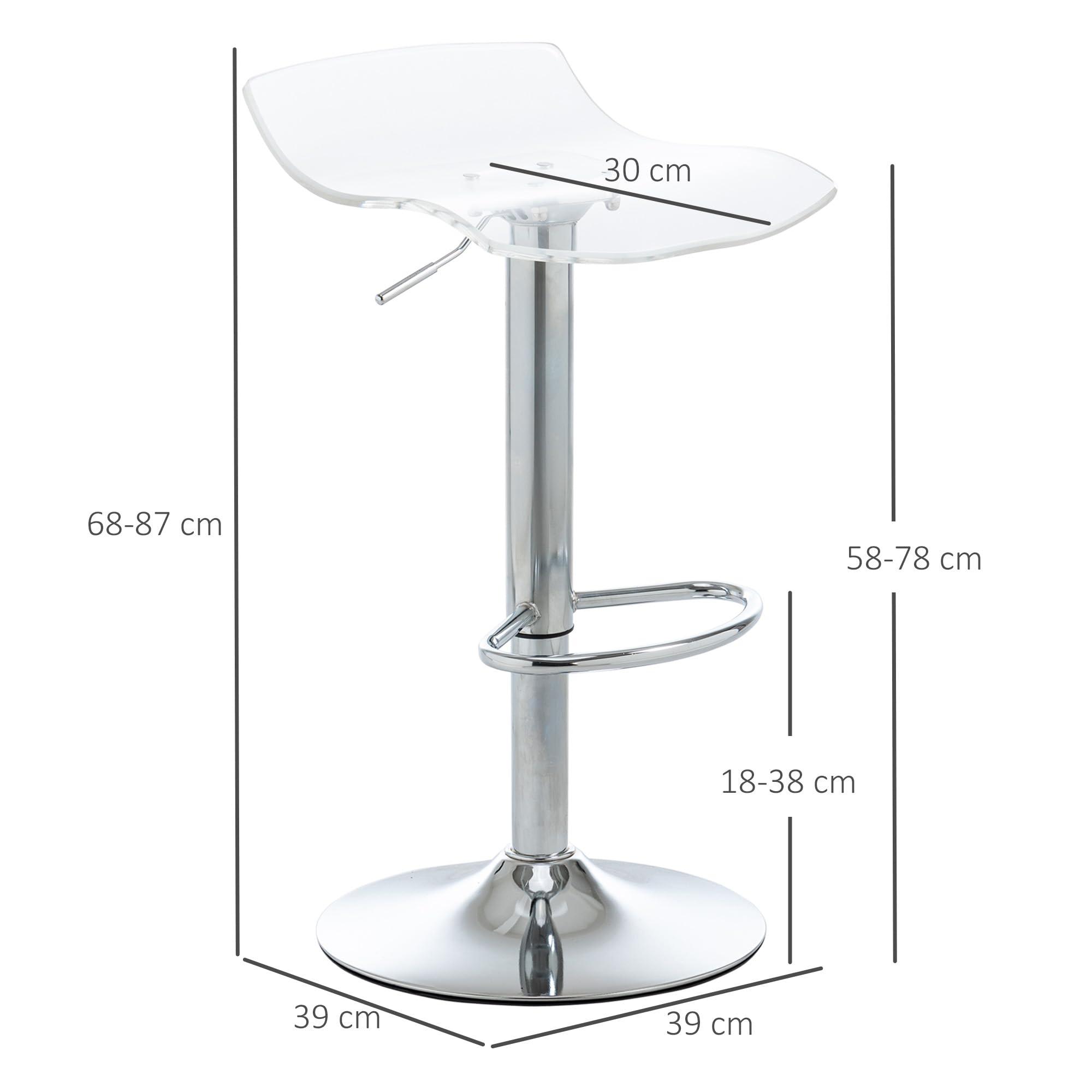 HOMCOM Set 2 Sgabelli da Bar con Altezza Regolabile, Sgabelli da Cucina Alti con Seduta Girevole e Poggiapiedi in Metallo e Acrilico, 39x39x67-87 cm, Trasparente