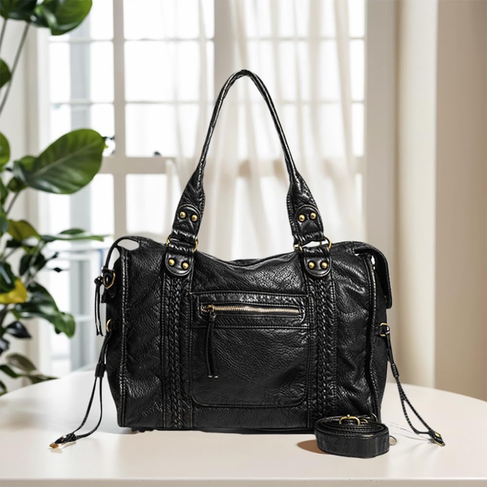 Bolso de hombro retro de cuero para mujer con bolsillos Bolsos de utilidad Bolso de hombro Bolso con asa superior para uso diario