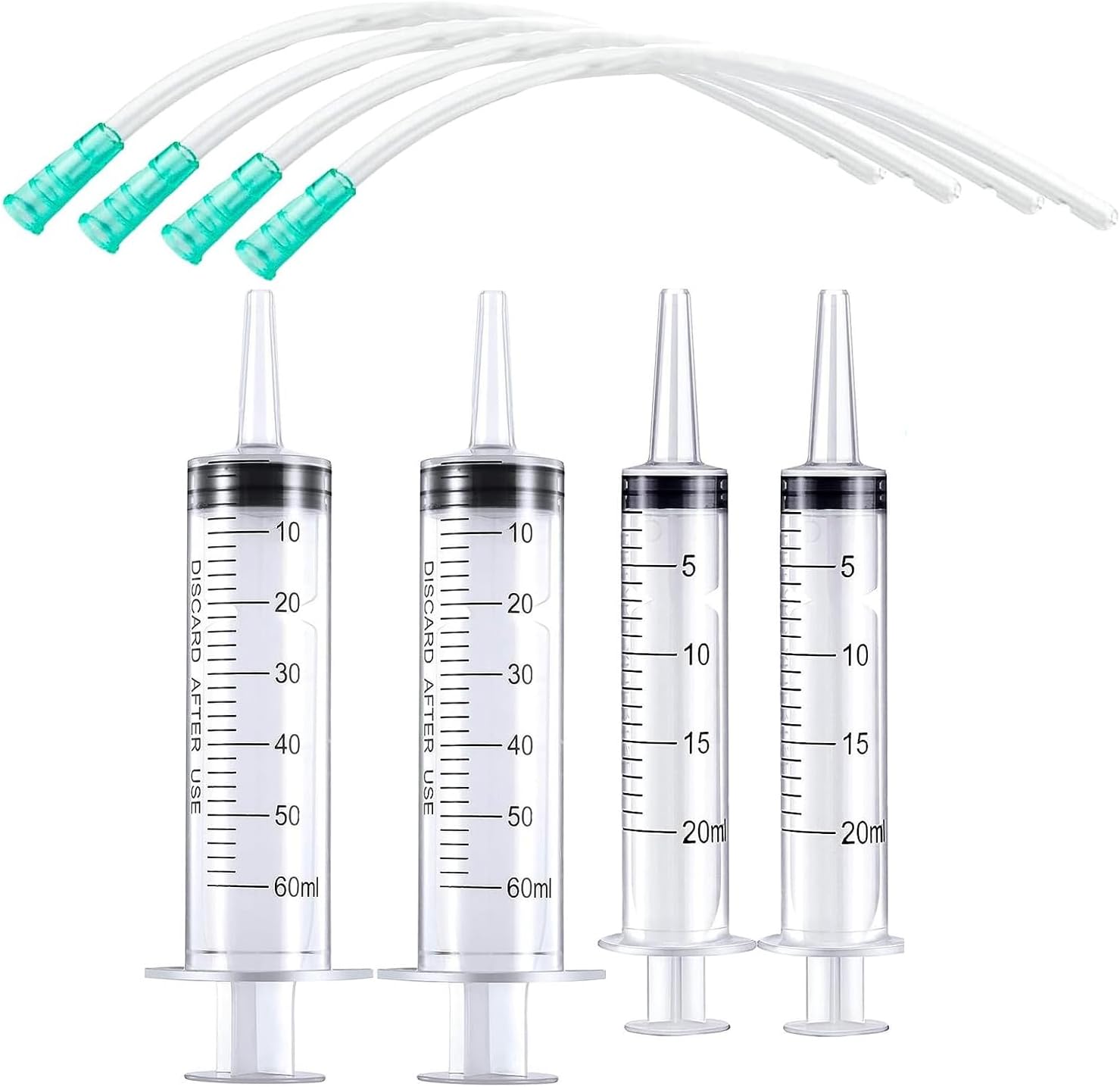 4pcs Plastic Syringe with 13inch Tube for Liquids, Oral, Scientific Labs, Measuring, Dispensing, animal feeding, pouring plants, including 2pc of 20ml and 60ml Syringes