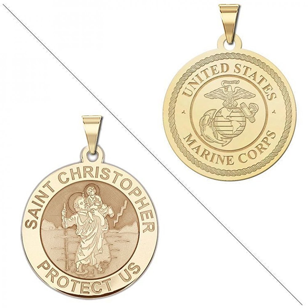 Saint Christopher Doubledside MARINES Religious Medal 3/4 Inch Solid 14K Yellow Gold