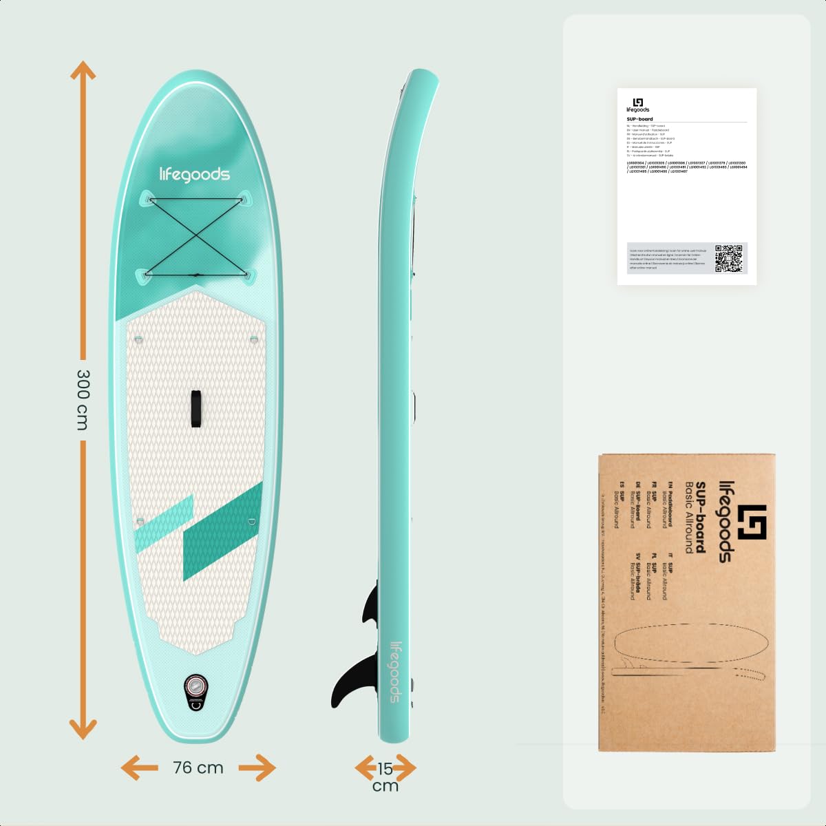 LifeGoods SUP Board Set - Aufblasbare Stand Up Paddling Board - Komplettes Set inklusive Zubehör und Verstellbares Padel - Geeignet für Anfänger und Fortgeschrittene - Bis 100KG - 320x81cm