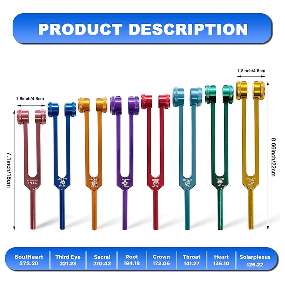 NEWFUN Stimmgabel,Stimmgabel Neurologie,8er Set mit Sockel + 1 Silikonhämmer und Reinigungstücher für Klangtherapie Gewichtete Stimmgabel Geeignet für Meditation, Anti-Kompression