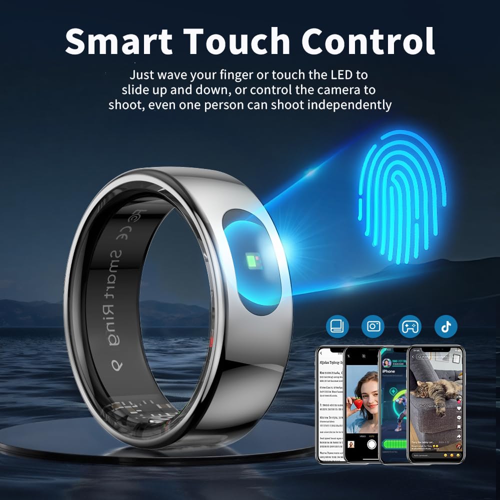 Anneau Intelligent LED Tactile, Tracker d'activité/Fréquence Cardiaque/Sommeil/Oxymétrie, Bague Connectée 5ATM, Contrôle Musique/Vidéo, Smart Ring Fitness Tracker Compatible iOS/Android (Argenté, 10)