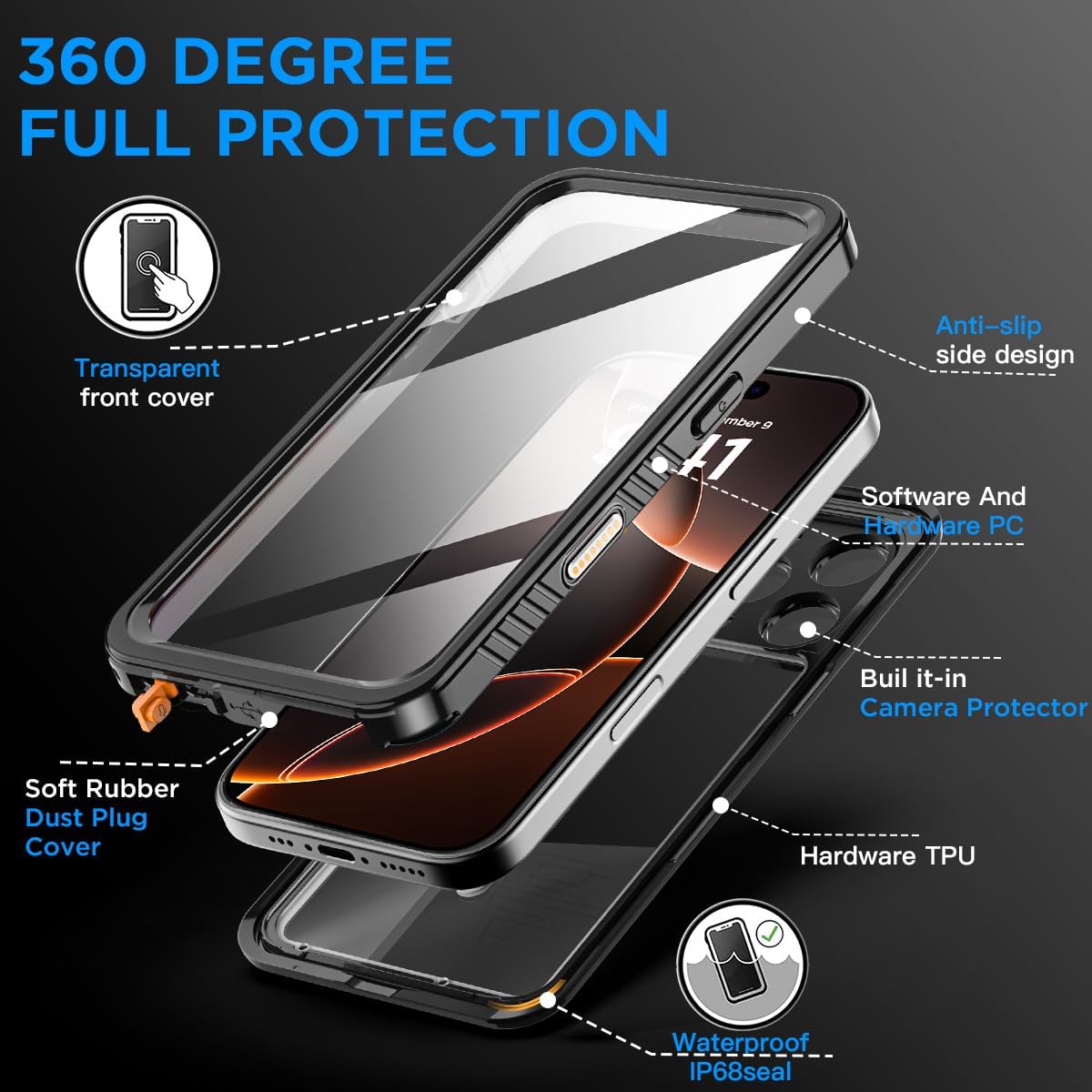 AICase Compatible with iPhone 16 Pro Max Case Waterproof, Clear Water Proof Built-in Screen Protector Shockproof Dustproof Snowproof Full Body Rugged Underwater Phone Case - Image 5