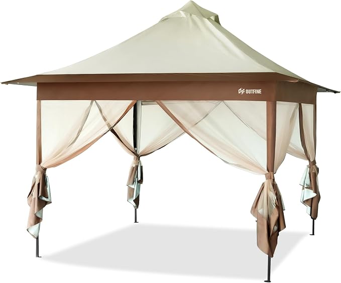 OUTFINE 12×12 Pop Up Gazebo-Heavy Duty Gazebos with Sturdy Metal Frame (10×10 Base) Reinforced with Steel Cables,Mesh Curtains,Steel Cables and Shelter for Patio, Party&Backyard(All khaki,12*12FT Pro)