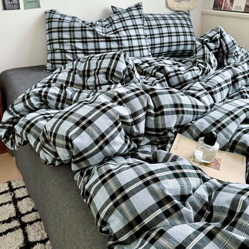 Image of EAVD Vintage Light Blue Grey Buffalo Plaid Duvet Cover Full Soft Washed Cotton Gingham Bedding Set with Grid Checkered Pattern Farmhouse Geometric Duvet Cover with 2 Pillowcases for Boys Men Women